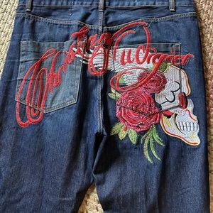 Christian Audigier Embroidered Diamanteè Skull Denim Jeans